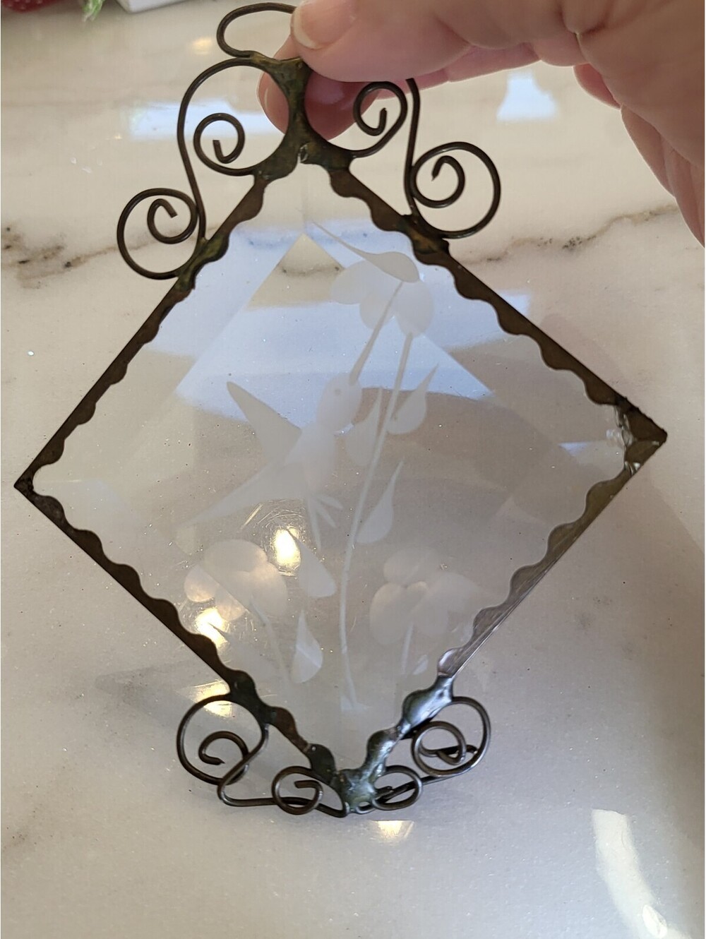 Vtg Metal Handmade Etched Glass Hummingbird Christmas Tree Ornament 5"H A69